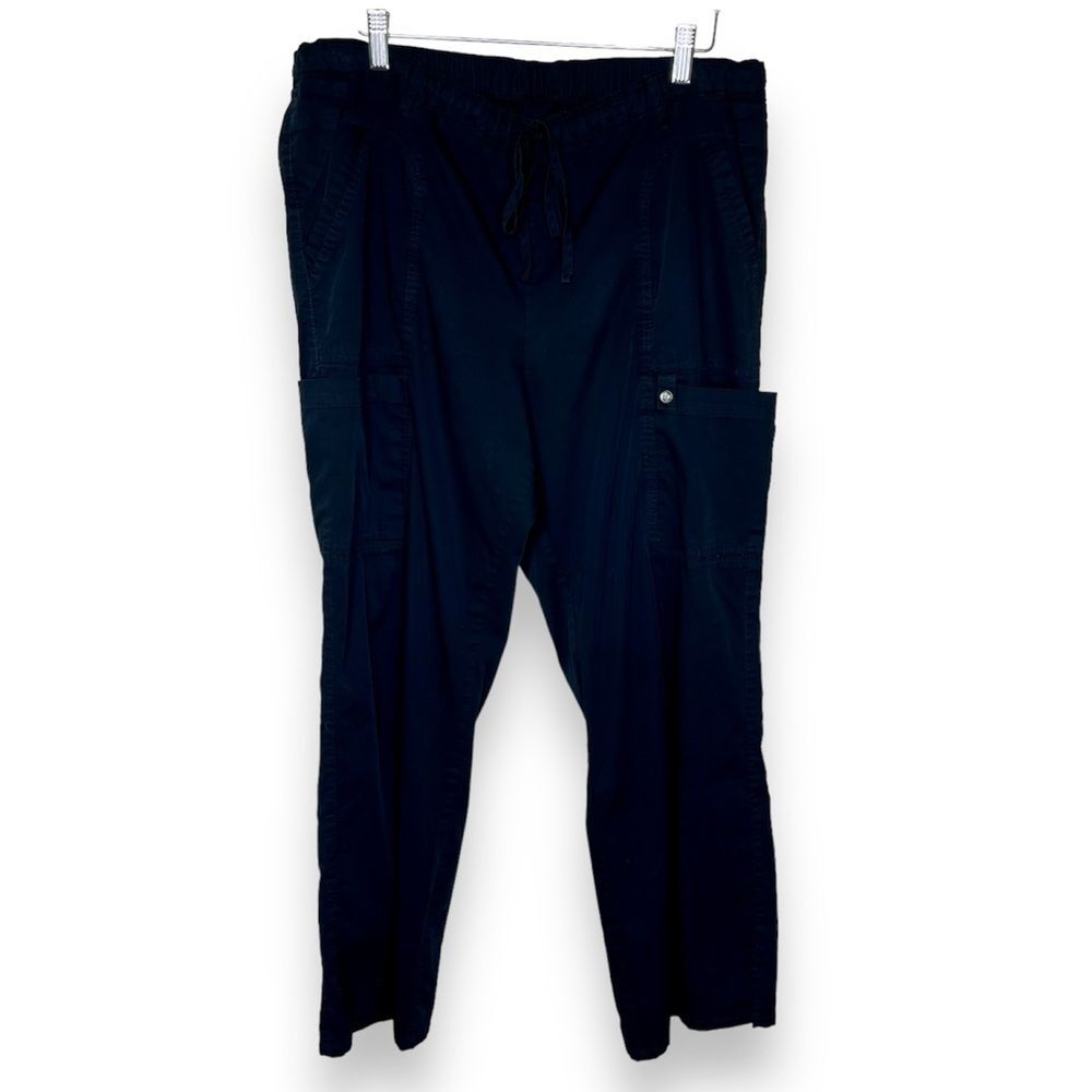 Black Scrub Uniform Cargo Pant Utility Split Hem Elastic Drawstring Women XL